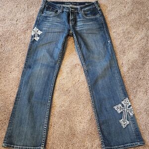 Cowgirl Tuff Blue Flare Jeans with Cross Detail